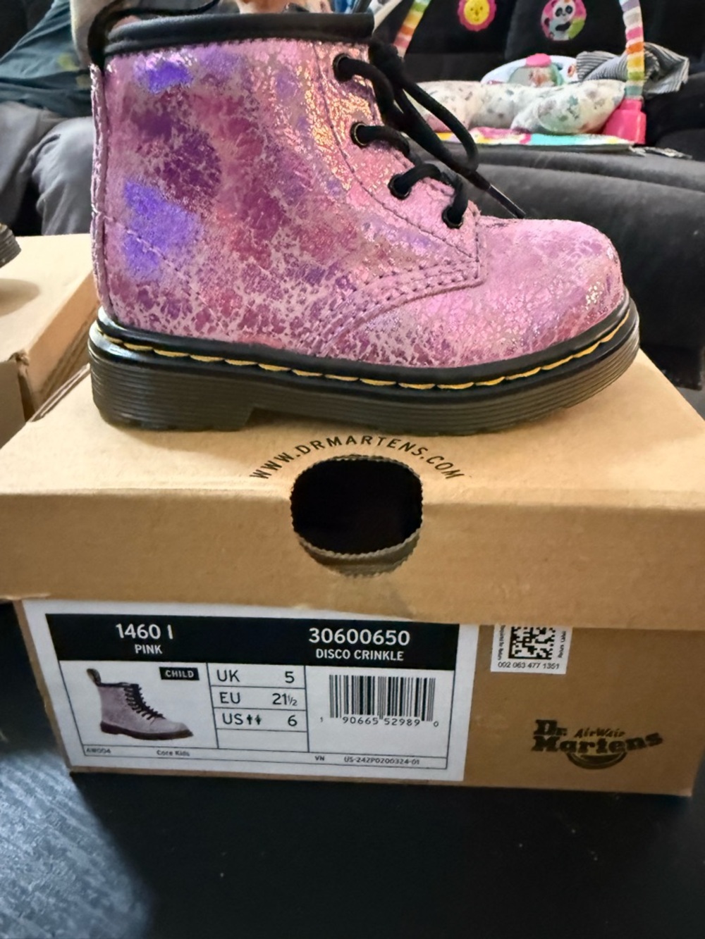 Dr. Martens Pink Iridescent Kids Lace-Up Boot